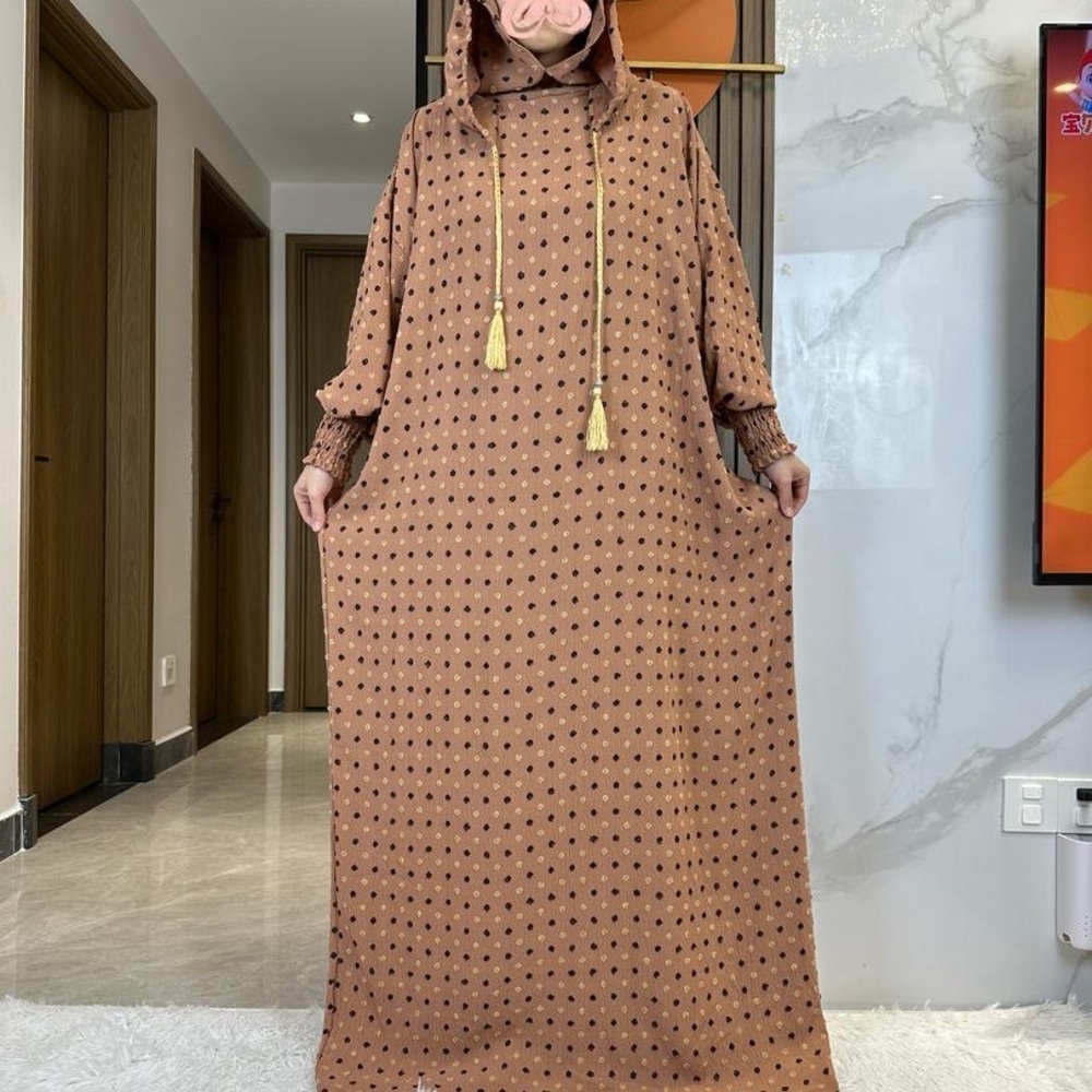 Elegant Brown Polka Dot Hooded Maxi Dress free size